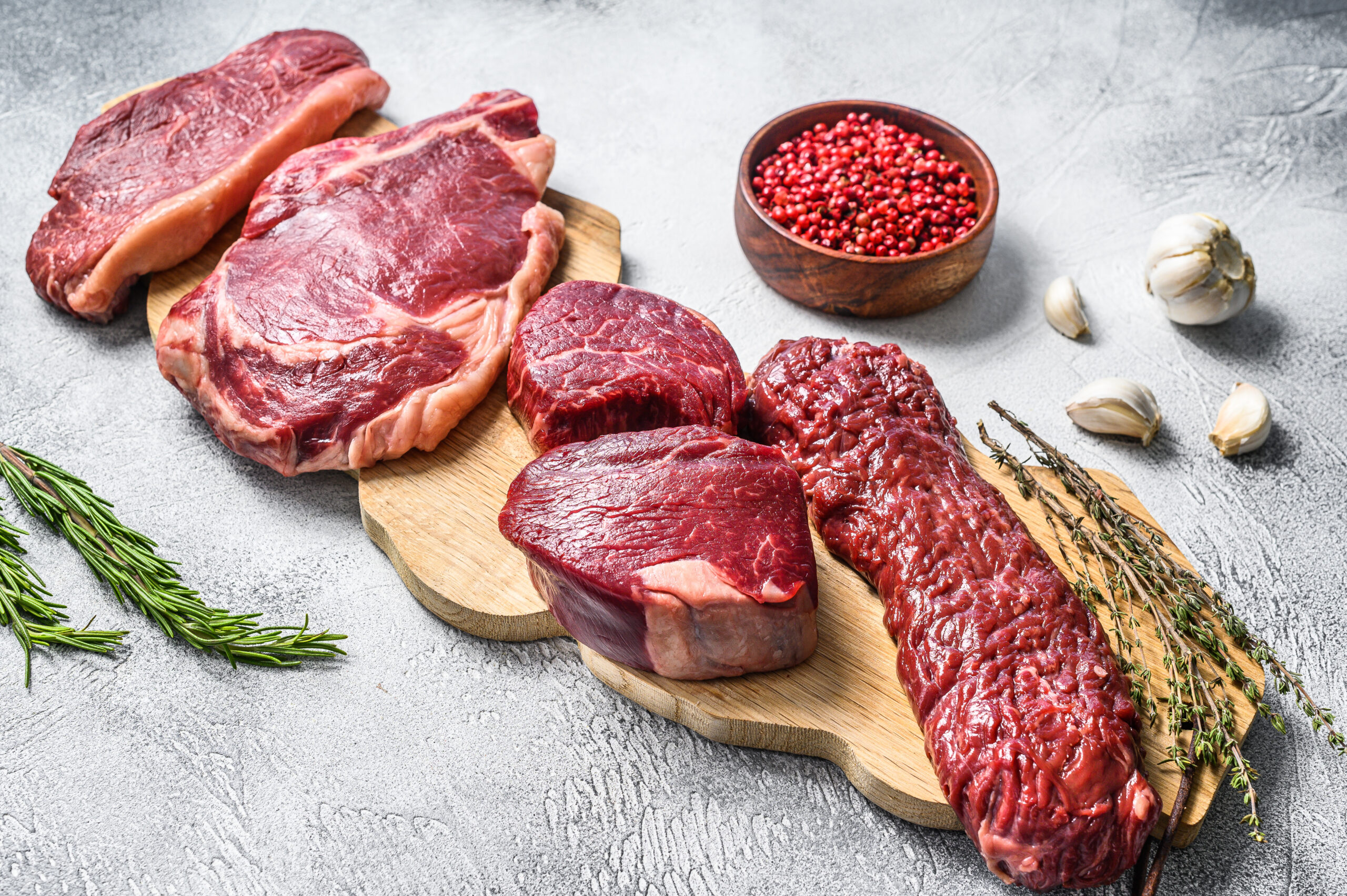 Assortment of raw beef steaks Tenderloin fillet mignon, ribeye,